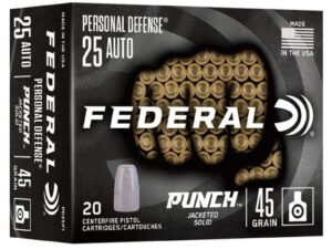 Federal Personal Defense Punch Handgun Ammunition .25 Auto 45gr Solid 825 fps 20/ct