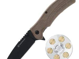Smith & Wesson Folding Knife and Fidget Spinner Combo 3" Tanto Blade Black Brown