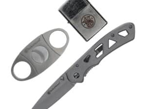 Smith & Wesson Folding Knife Cigar Cutter and Lighter Combo 3" Drop Point Blade Silver