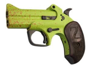 Bond Arms Z Slayer pistol in zombie green with blood splatter design and black ash grips