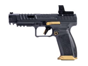 Canik SFx Rival 9MM pistol showcased in Rival Grey with gold accents, featuring adjustable sights and modular design