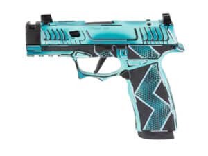 SCT Komodo Anime P365X custom pistol with vibrant paint finish and tactical grip module