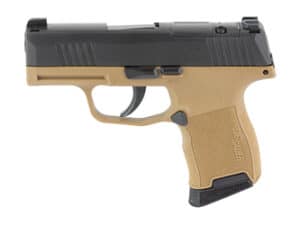 SIG P365 9MM compact pistol with 3.1 inch barrel and 10 round magazine in black and coyote color