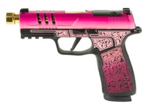 Sig P365 XMacro Gold Lady Bug 9MM handgun with pink gradient finish and filigree design