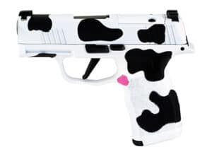 SIG P365X 9MM pistol in cow print design, showcasing its compact size and stylish features.