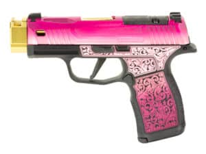 SIG P365X 9MM pistol with Ladybug Cerakote finish and gold barrel