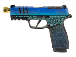 SIG P365 XMACRO 9MM pistol with Galactic June Bug Cerakote finish on a white background