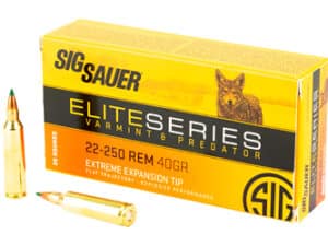 SIG SAUER 22-250REM Varmint & Predator ammunition box with yellow-tipped projectiles