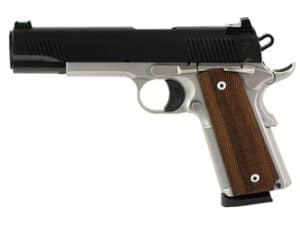 TISAS 1911 Enhanced .45 ACP pistol with 5 inch barrel and 8 round capacity, featuring stainless steel and black design