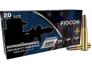 Fiocchi Hyperformance .300 Blackout 220gr ammunition box featuring tactical design