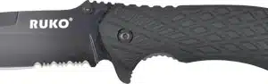 RUKO FOLDER SERRATED 3.25" - BLACK HANDLE CLAMSHELL
